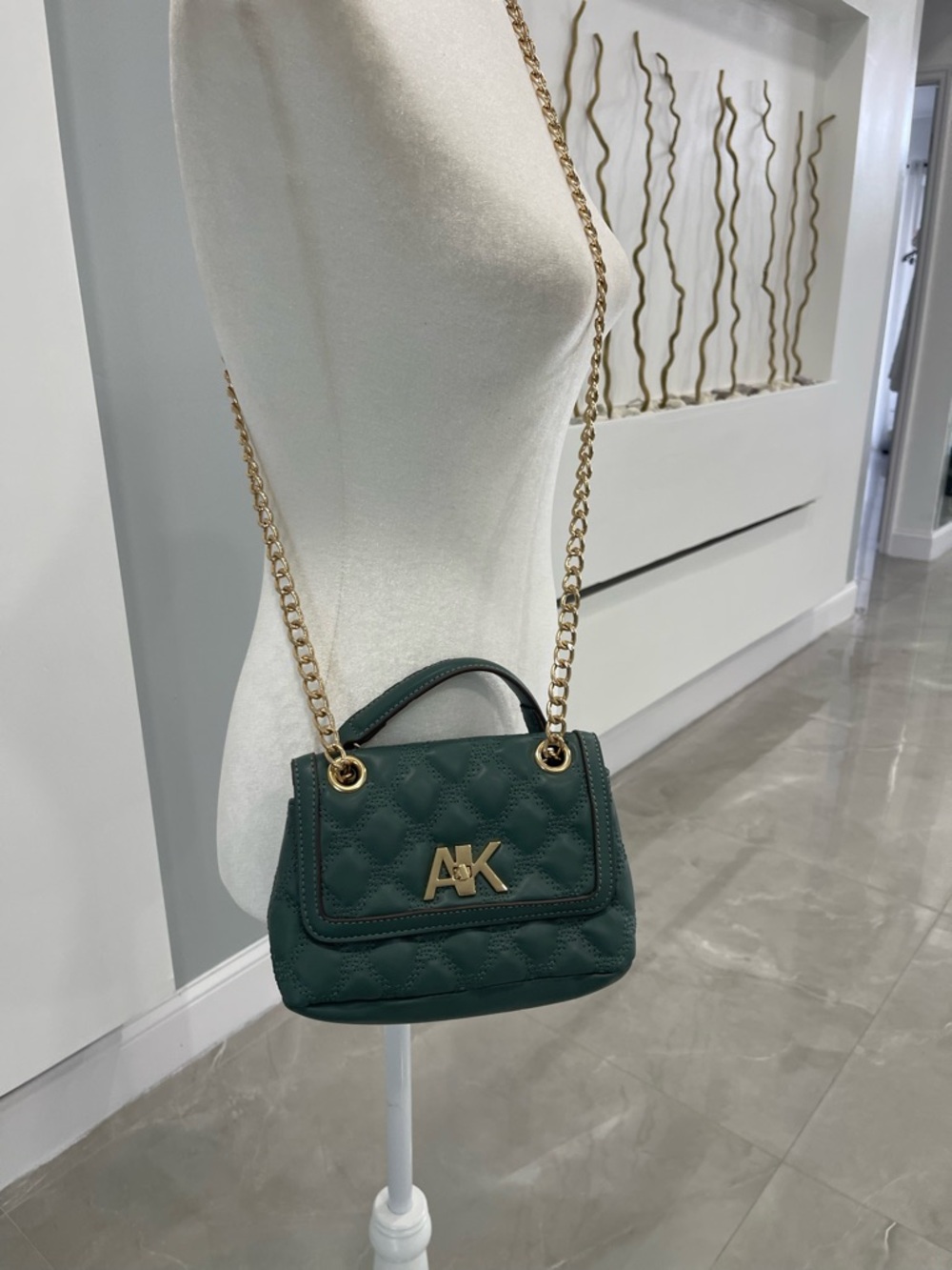 Anne Klein Quilted Dark Green Crossbody with Gold Chain - Picture 2 of 9